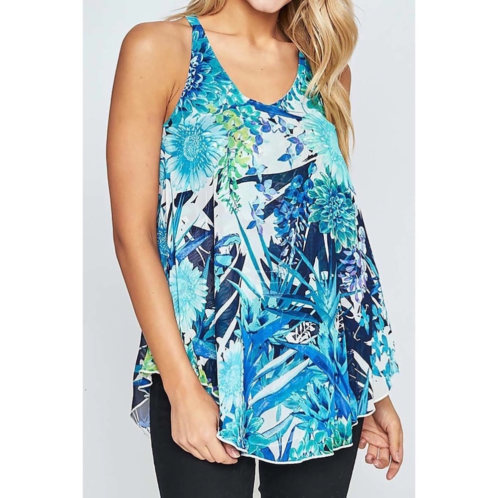 Blue Floral Scoop Neck Chiffon Tank Top